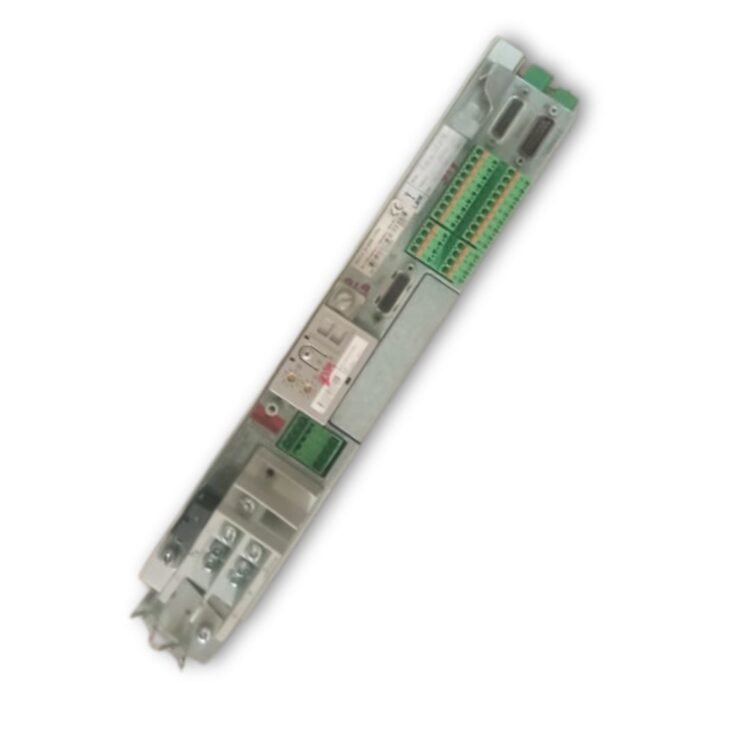 Close-up view of an AC drive or servo motor controller module, showing various terminals and electronic components